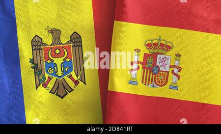 Spanien und Moldawien zwei Flaggen Textil 3D-Rendering Stockfoto