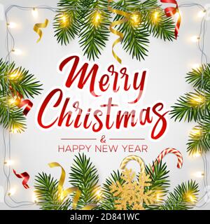 Weihnachtshintergrund mit realistischen Kiefernästen, glänzenden Girlanden, Süßigkeiten, Serpentin, Glitzer Gold Schneeflocke, Schriftzug Frohe Weihnachten Stock Vektor