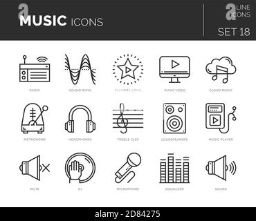 Satz von Vektormusik-Symbolen. Icons sind in flacher / liniengestalterischen Form mit Elementen für mobile Konzepte und Web-Apps. Sammlung von modernen Infografik-Logos und Stock Vektor