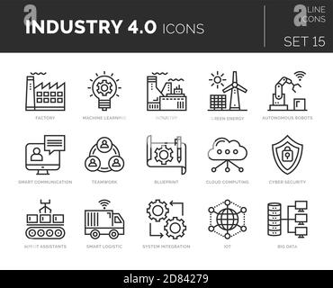 Satz von Vektor-Industrie 4.0-Symbolen. Icons sind in flacher / liniengestalterischen Form mit Elementen für mobile Konzepte und Web-Apps. Sammlung von modernen Infografik log Stock Vektor