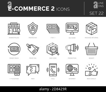 Satz von Vektor-E-Commerce-Symbolen. Icons sind in flacher / liniengestalterischen Form mit Elementen für mobile Konzepte und Web-Apps. Sammlung moderner Infografik-Logos Stock Vektor