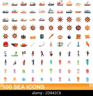 100 SEA-Symbole festgelegt. Cartoon Illustration von 100 SEA Icons Vector auf weißem Hintergrund isoliert gesetzt Stock Vektor