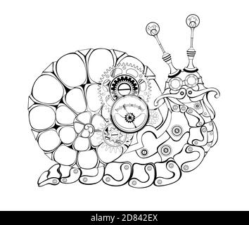 Antike, konturierte, mechanische Schnecke mit Zahnrädern auf weißem Hintergrund. Steampunk-Style. Stock Vektor