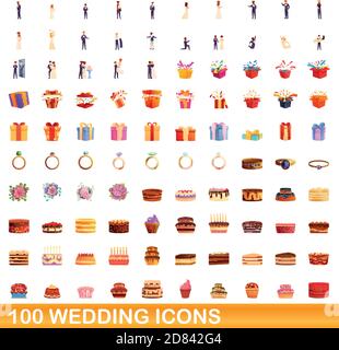 100 Hochzeitsikons Set. Cartoon Illustration von 100 Hochzeit Symbole Vektor-Set isoliert auf weißem Hintergrund Stock Vektor