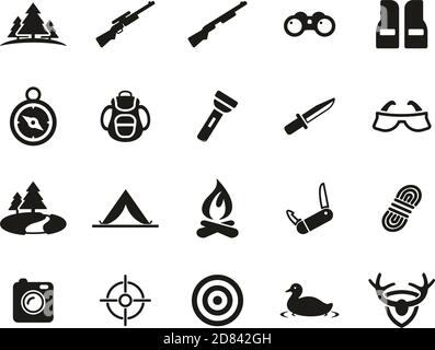 Jagd & Jagdausrüstung Icons Schwarz & Weiß Set Groß Stock Vektor