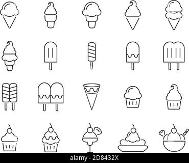 Ice Cream Icons Schwarz & Weiß Thin Line Set Groß Stock Vektor