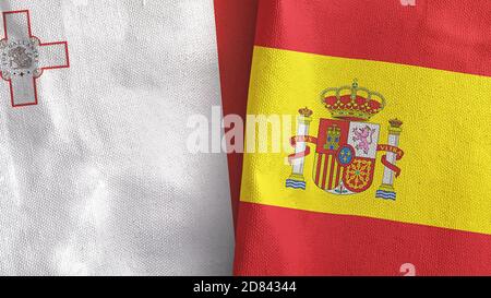 Spanien und Malta zwei Flaggen Textil-Tuch 3D-Rendering Stockfoto