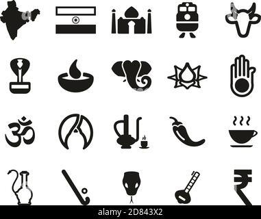 Indien Land & Kultur Ikonen Schwarz & Weiß Set Groß Stock Vektor