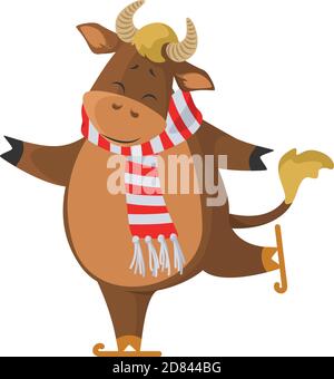 Nette Kuh Eislaufen. Cartoon Vektorgrafik. Lustige und glückliche Stier Charakter isoliert auf weißem Hintergrund Stock Vektor