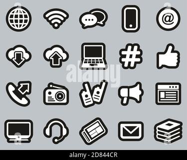 Information Channel Icons Weiß Auf Schwarz Sticker Set Groß Stock Vektor