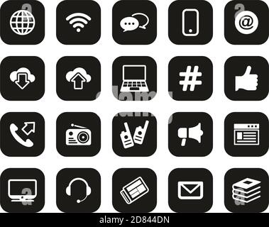 Informationen Kanal Icons Weiß Auf Schwarz Flat Design Set Groß Stock Vektor