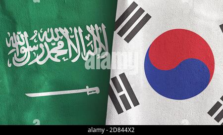 Südkorea und Saudi-Arabien zwei Flaggen Textiltuch 3D Rendering Stockfoto