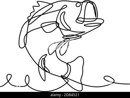 Kontinuierliche Linienzeichnung Illustration eines Forellenbarsch, eine Art von schwarzem Bass und fleischfressenden Süßwasser-Gamefish, Springen in Skizze oder d getan Stock Vektor