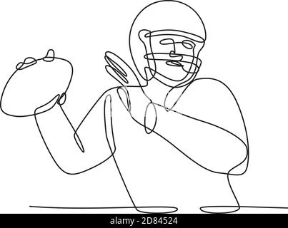 Fortlaufende Linienzeichnung Illustration eines American Football Quarterback oder QB im Begriff, den Ball von vorne gesehen zu werfen getan In Skizze oder Doodle-Stil Stock Vektor