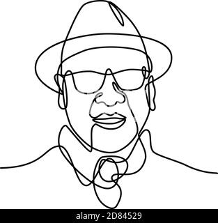 Kontinuierliche Linienzeichnung Illustration Kopf eines asiatischen Mannes Oder ein Gentleman, der einen Fedora-Hut und eine Sonnenbrille trägt Vorne in Skizze oder Doo gemacht Stock Vektor