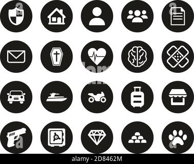 Versicherungspolicen Icons Weiß Auf Schwarz Flat Design Kreis Set Groß Stock Vektor