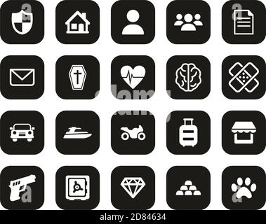 Versicherungspolicen Icons Weiß Auf Schwarz Flat Design Set Groß Stock Vektor