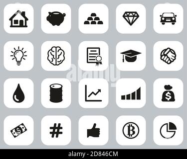 Investitionsplan Icons Schwarz & Weiß Flat Design Set Groß Stock Vektor
