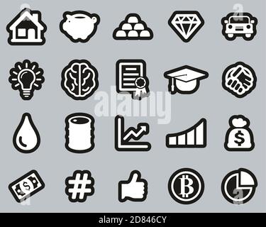 Investitionsplan Icons Weiß Auf Schwarz Sticker Set Groß Stock Vektor