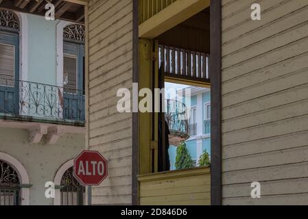 Gebäudefassade in der historischen Altstadt, Casco Viejo, Panama City Stockfoto