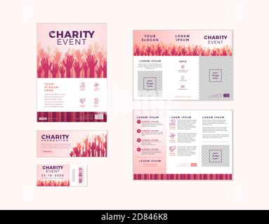 Set von Charity- und Spendenvorlagen in einem Design. Flyer, Ticket, Banner und Poster mit Ihrem Text für Freiwilligenzentrum, Fundraising-Event, organiza Stock Vektor