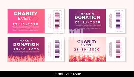 Charity und Spenden Tickets Designs für Ihre Veranstaltung. Kartenflyer Poster mit Ihrem Text für Freiwilligenzentrum, Fundraising-Veranstaltung, Organisation. Vektor-il Stock Vektor