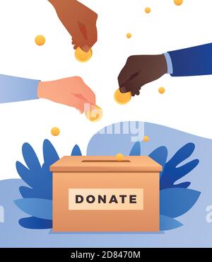 Menschen werfen Goldmünzen in eine Schachtel für Spenden. Münzen in der Hand. Spendenbox. Spenden, Geld geben. Moderne Vektor-Illustration, flache Stil Design mit Stock Vektor