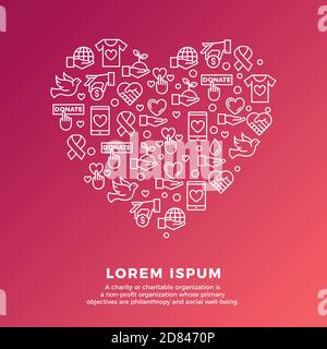 Charity und Spende Banner Design-Vorlage mit vecotr Linie Symbole in Herzform gesetzt. Kartenflyer Poster Illustration mit Ihrem Text für Volunteer Cent Stock Vektor