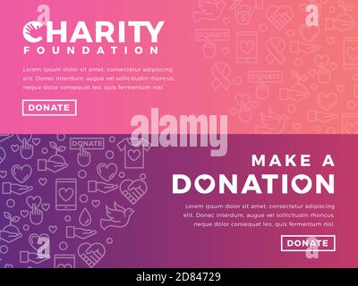 Moderne Vektor-Website-Banner-Vorlagen mit Wohltätigkeitsobjekten. Karte für Non-Profit-Organisation, Fundraising-Veranstaltung, Freiwilligenzentrum. Vektordesign. Stock Vektor