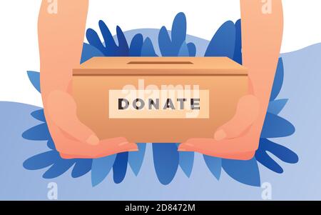 Hände, die einen Karton mit Bannertext halten, spenden. Spendenbox. Spenden, Geld geben. Vektorgrafik, flaches Design. - Vektor Stock Vektor