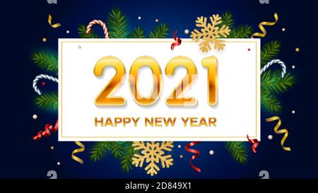 Neue Jahre und Weihnachten Hintergrund mit goldenen Zahlen 2021, realistische Kiefernzweige, Glitzer Gold Schneeflocken und Lametta Stock Vektor