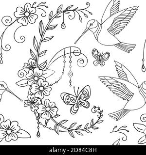 Nahtloses Muster mit Gartenblumen, colibri Vogel und Schmetterlingen. Monochromer Hintergrund für die Erstellung von Textilien, Tapete, Papier, Hochzeitseinladung, Stock Vektor