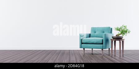 Wohnzimmereinrichtung mit grünem Samtsessel und Bonsai Baum mit weißer Wand und Kopierraum auf der linken 3d 3D-Illustration rendern Stockfoto