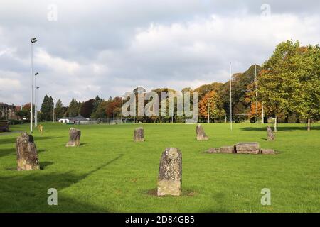 Gorsedd Stone Circle (1993 für National Eisteddfod errichtet), Groe Park, Builth Wells, Brecknockshire, Powys, Wales, Großbritannien, Großbritannien, Europa Stockfoto