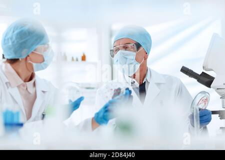 Nahaufnahme. Wissenschaftler diskutieren die Ergebnisse ihrer Forschung. Stockfoto