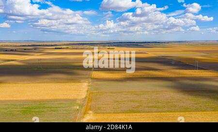 Blick über landwirtschaftliche Felder, kultivierte Parzellen in der Erntezeit, blauer Himmel mit weißen flauschigen Wolken ihre Schatten sind auf dem Boden. Stockfoto