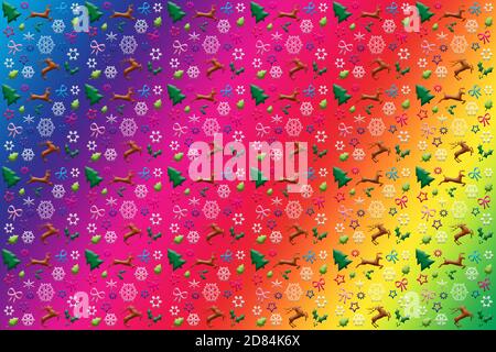 Eine farbenfrohe nahtlose Weihnachtsdarstellung von Schneeflocken, Bäumen, Rentieren, Bögen und Sternen auf einem Regenbogenhintergrund. Stockfoto