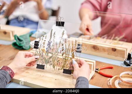 Eine Frau fixiert Glasplatten. Meisterkurs zur Rahmenerstellung mit Herbarium in tiffany-Technik in Buntglas. Herbarium von getrockneten verschiedenen Pflanzen Stockfoto