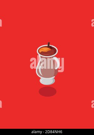 Isometrischer dreidimensionaler heißer Glühwein mit Zimtstange, Orangenscheibe und Sternanis. Stock Vektor