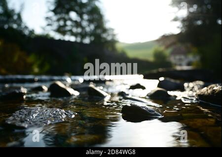 Abstrakte Nahaufnahme von Kieselsteinen im Wasser eines Baches, Exmoor Stockfoto