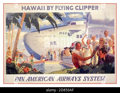 Vintage 1930er Jahre Aviation Travel Poster Hawaii von fliegenden Klipper--Pan American Airways System [ca. 1938] Lithographie, Farbe. Hawaiianer begrüßen Passagiere, die aus dem Wasserflugzeug aussteigen. Stockfoto