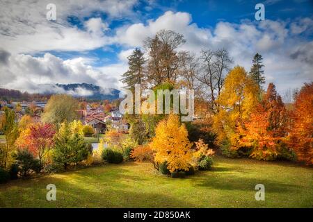 DE - BAVARIA: Herbstliche Privatgartenlandschaft entlang der Isar bei Bad Tölz mit Blomberg im Hintergrund Stockfoto