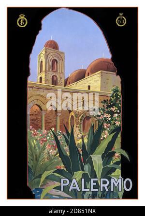 Vintage Travel Poster 1920 Palermo (Sicilia) Italien Kunstwerk von A. Marzi, [ca. 1920] (Poster) : Lithographie, Farbe ; ENIT Reisen typisch üppig Sizilien Garten Hof mit Torbogen und Turm hinter, in sonnigen blauen Himmel Bedingungen Stockfoto