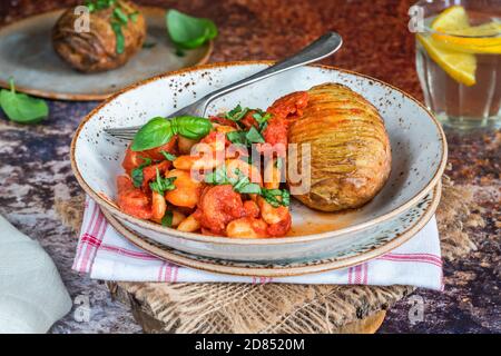 Chorizo- und Butterbohnen-Eintopf mit gebackener Jackenkartoffel Stockfoto