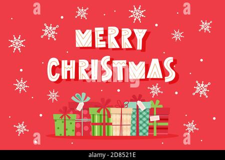 Frohe weihnachtskarte mit Schriftzug und Geschenken. Vektorgrafik im flachen Stil Stock Vektor