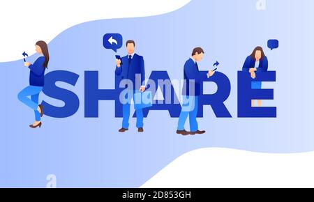 Teilen Sie den Hintergrund mit Text und Personen. Social Media Marketing Konzept. Flaches Design mit Farbverlauf. Moderner Vektor. Stock Vektor