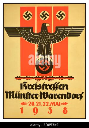 Nazi-Propaganda-Plakat aus den 30er Jahren des Jahrgangs - NSDAP-Kreistreffen in Münster-Warendorf - 20- 22.05.1938 - NSDAP-Treffen in Münster-Warendorf. 20-22 Mai 1938. Bild eines Nazi-Adlers mit Hakenkreuz. Die nationalsozialistische Deutsche Arbeiterpartei (NSDAP), im Englischen allgemein als Nazi-Partei bezeichnet, war eine rechtsextreme politische Partei in Deutschland, die zwischen 1920 und 1945 aktiv war und die Ideologie des Nationalsozialismus schuf und unterstützte. Ihre Vorläuferin, die Deutsche Arbeiterpartei (DAP), existierte von 1919 bis 1920. Stockfoto