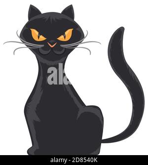 Isolierte schwarze und schlanke Katze mit verdrehten Schnurrhaaren und schelmischen Haltung, isoliert auf weißem Hintergrund. Stock Vektor