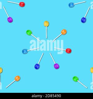 Nahtloses Muster von bunten Lutscher gruppiert in einem Kreis isoliert auf blauem Hintergrund. Stockfoto