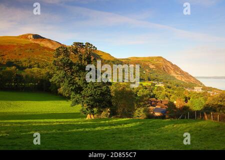 Erhöhtes Bild von Penmaenmawr mit der Menai Strait und Anglesey in der Ferne. Conwy County, North Wales, Großbritannien Stockfoto